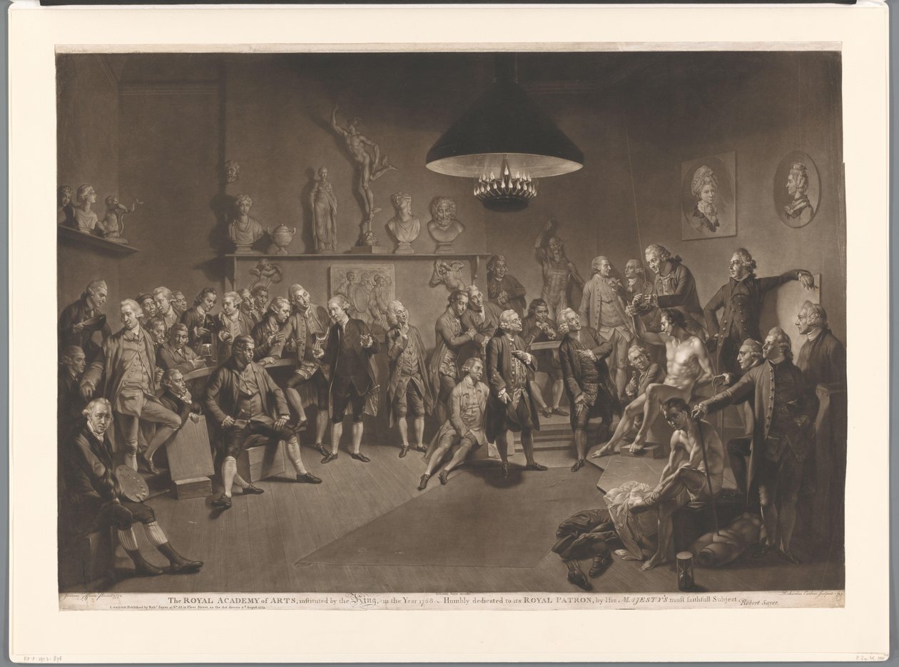 Medlemmer av Royal Academy i et interiør med en naken mannlig modell, 1768 Royal Academy of Arts, innstiftet av kongen, i år 1768 (tittel på objekt) av Richard Earlom