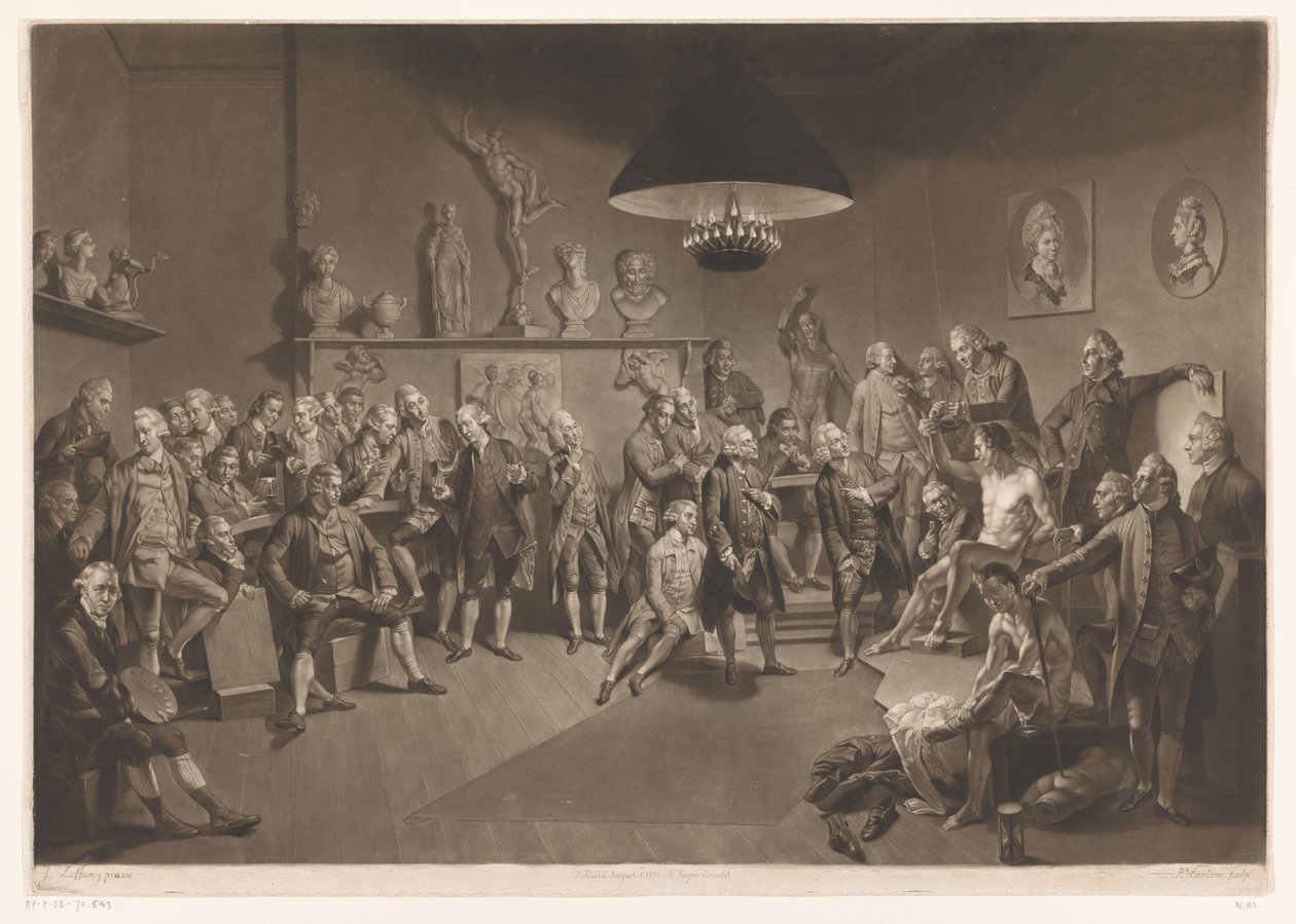 Medlemmer av Royal Academy i et interiør med en naken mannlig modell, 1768 av Richard Earlom