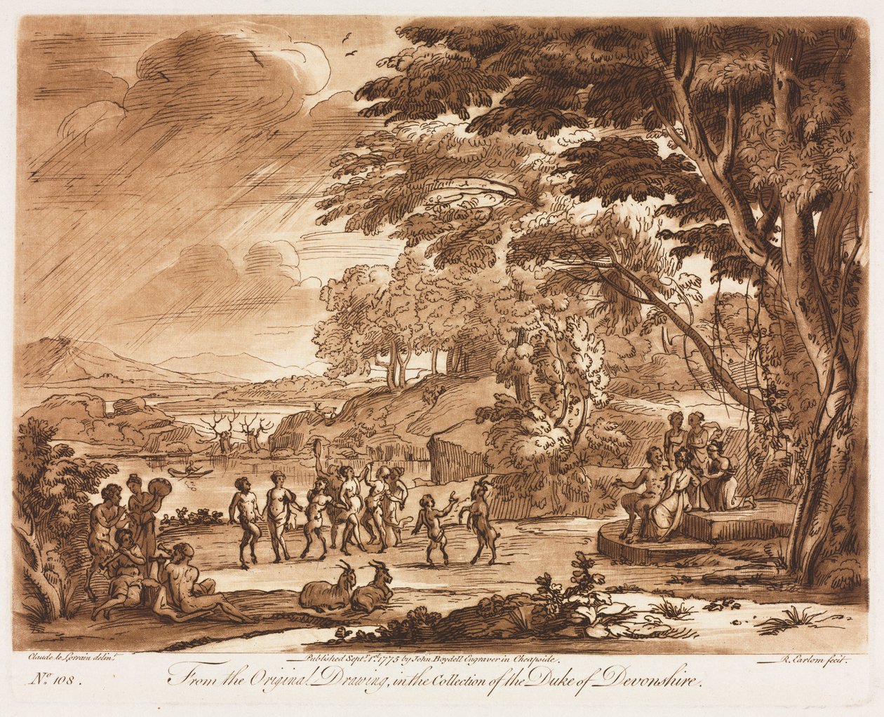 Liber Veritatis: nr. 108, Landskap med satyrer og nymfer som danser, 1775. av Richard Earlom