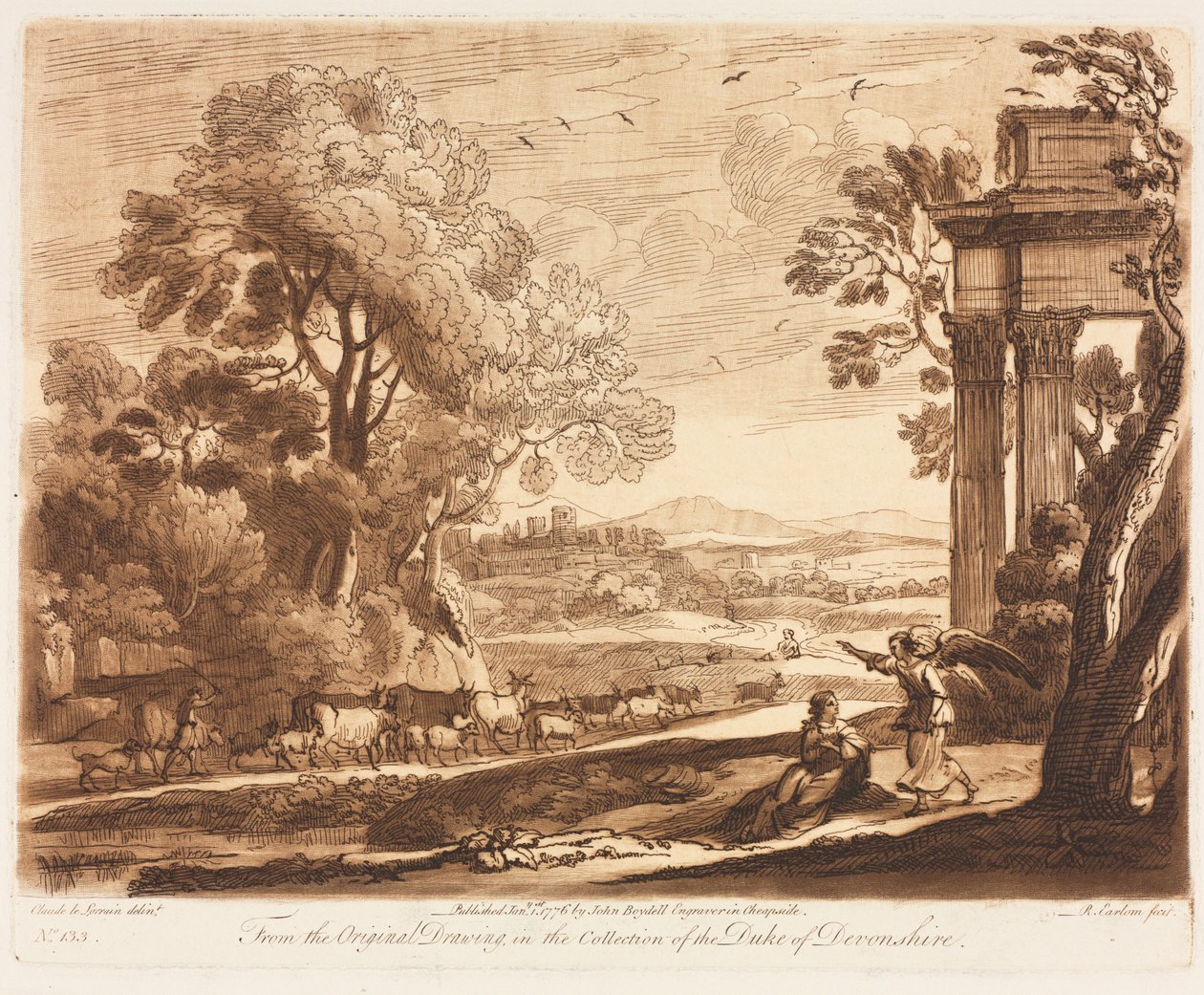 Liber Veritatis: No. 133, A Landscape, with Cattle, and the Angel Comforting Hagar, 1776. av Richard Earlom