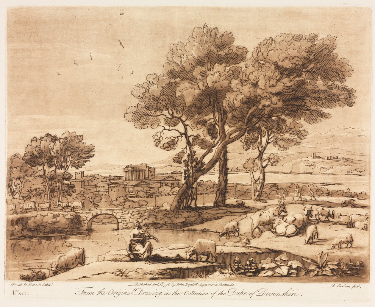 Liber Veritatis: No. 135, A Landscape, with Buildings, Mercury Stealing Admetuss' Cattle from Apollo av Richard Earlom