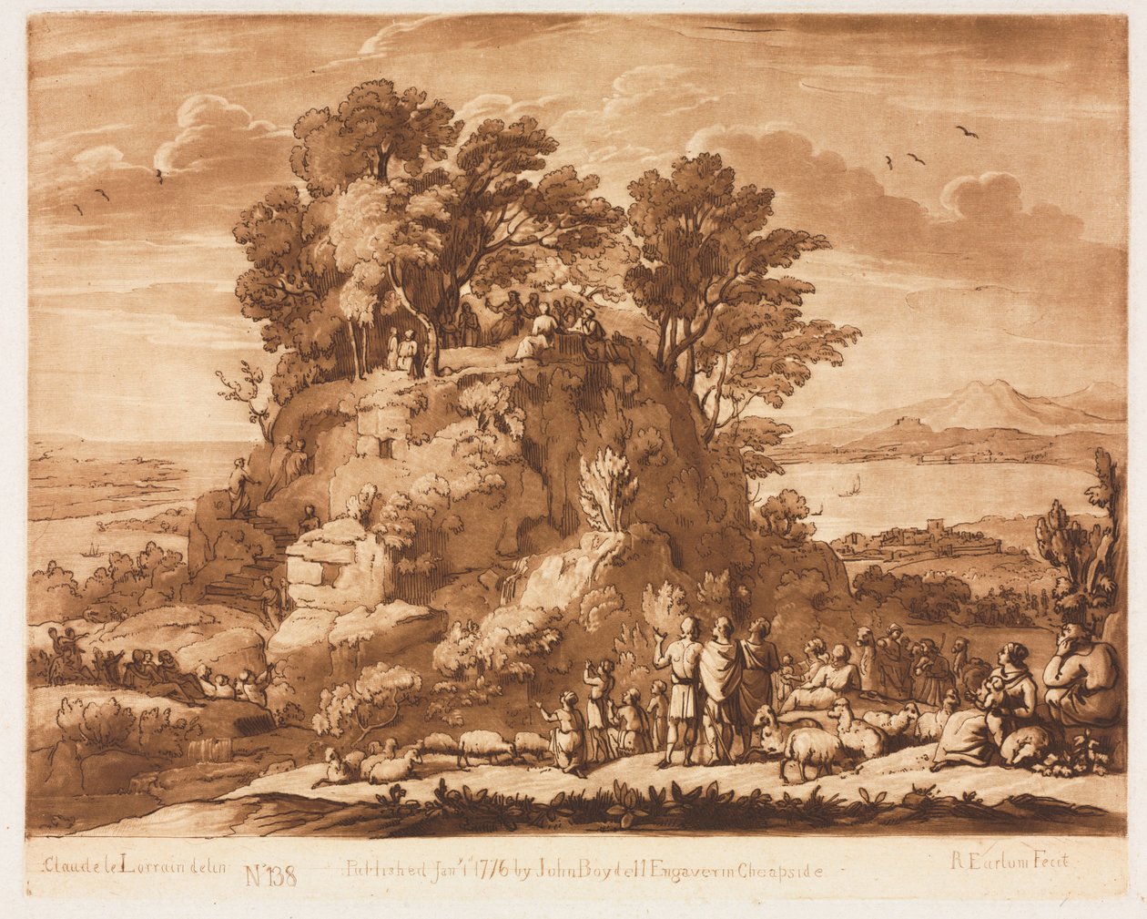 Liber Veritatis: No. 138, A View of the Sea, with Christ Preaching on the Mount..., 1776. av Richard Earlom