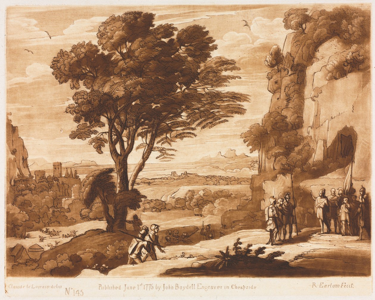 Liber Veritatis: No. 145, A Landscape, with Figures, Simon brakt til Priam, 1776. av Richard Earlom