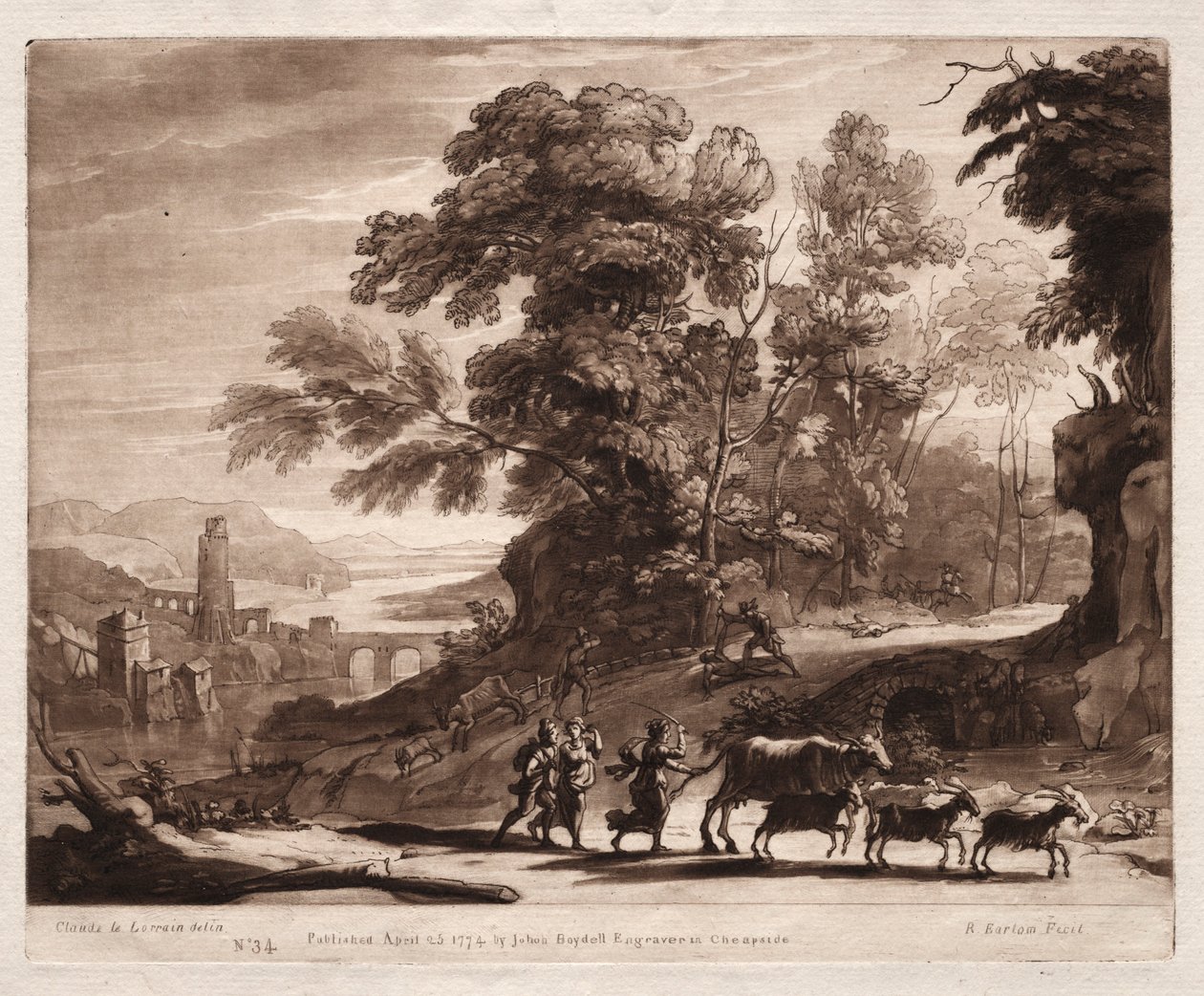 Liber Veritatis: nr. 34, Bønder med storfe angrepet av banditter, 1774. av Richard Earlom