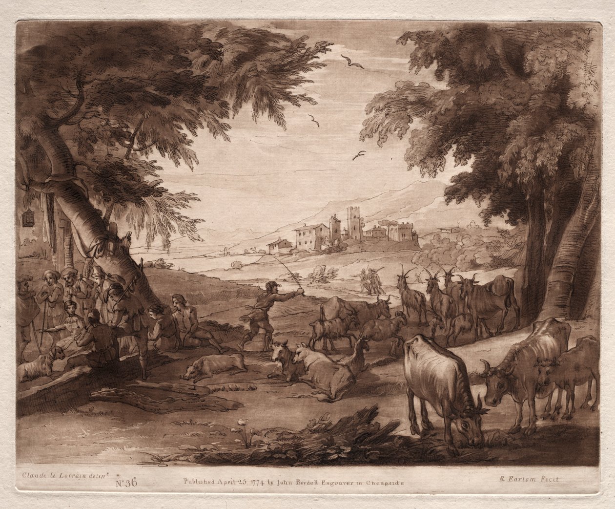 Liber Veritatis: nr. 36, pastoral scene med landsbyboere og en flokk med okser og geiter av Richard Earlom