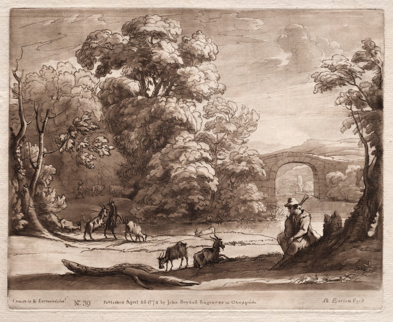 Liber Veritatis: No. 39, A Landscape with Herdsman playing a sekkepipe og geiter som surfer av Richard Earlom