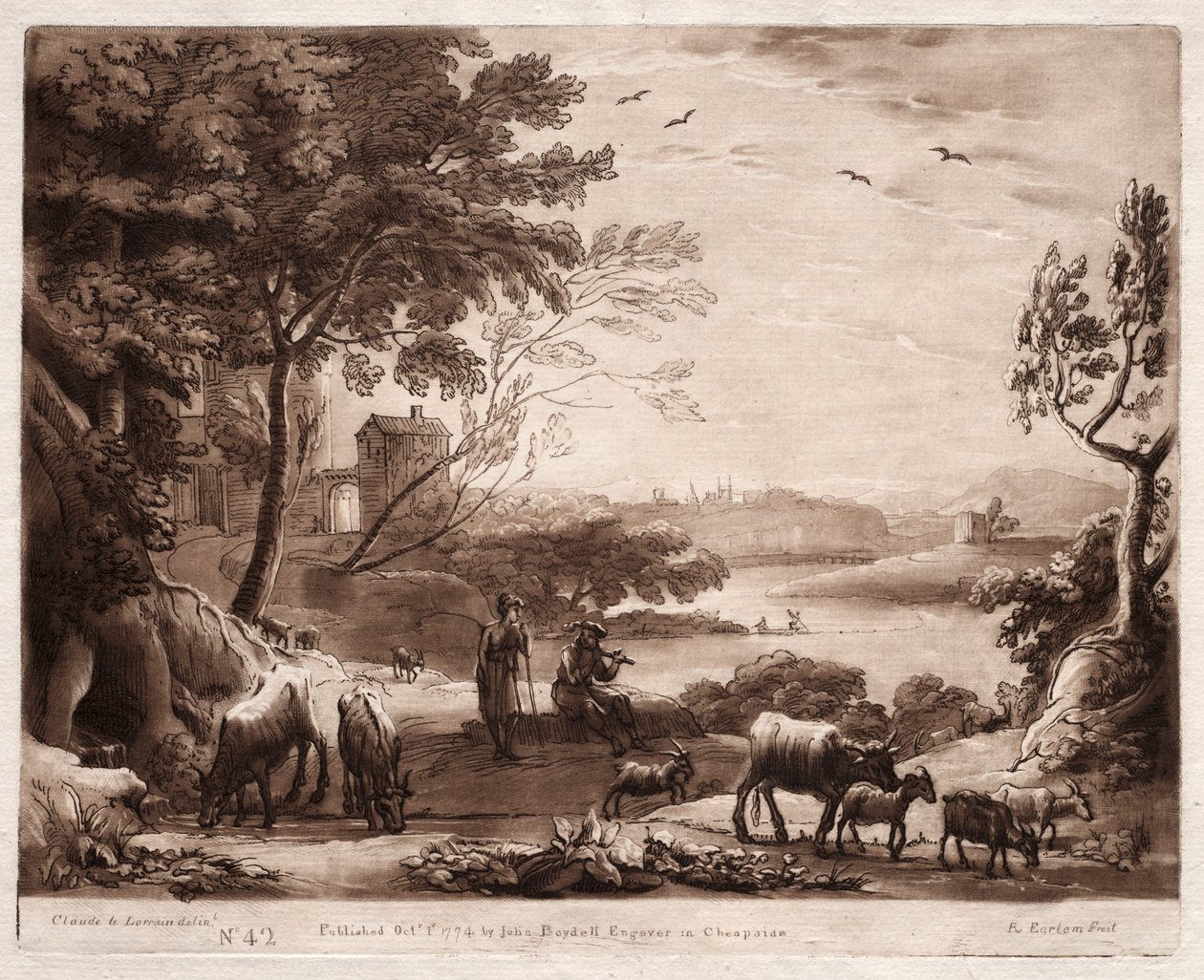 Liber Veritatis: No. 42, A River Landscape with a Shepherd and Shepherdess..., 1774. av Richard Earlom