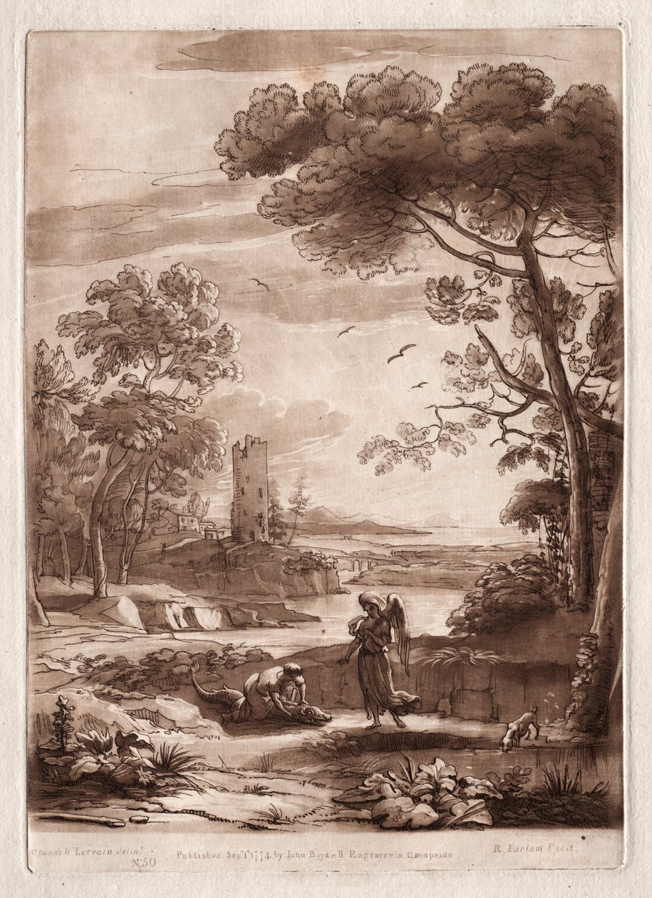 Liber Veritatis: nr. 50, A River Scene with Tobias and the Angel av Richard Earlom