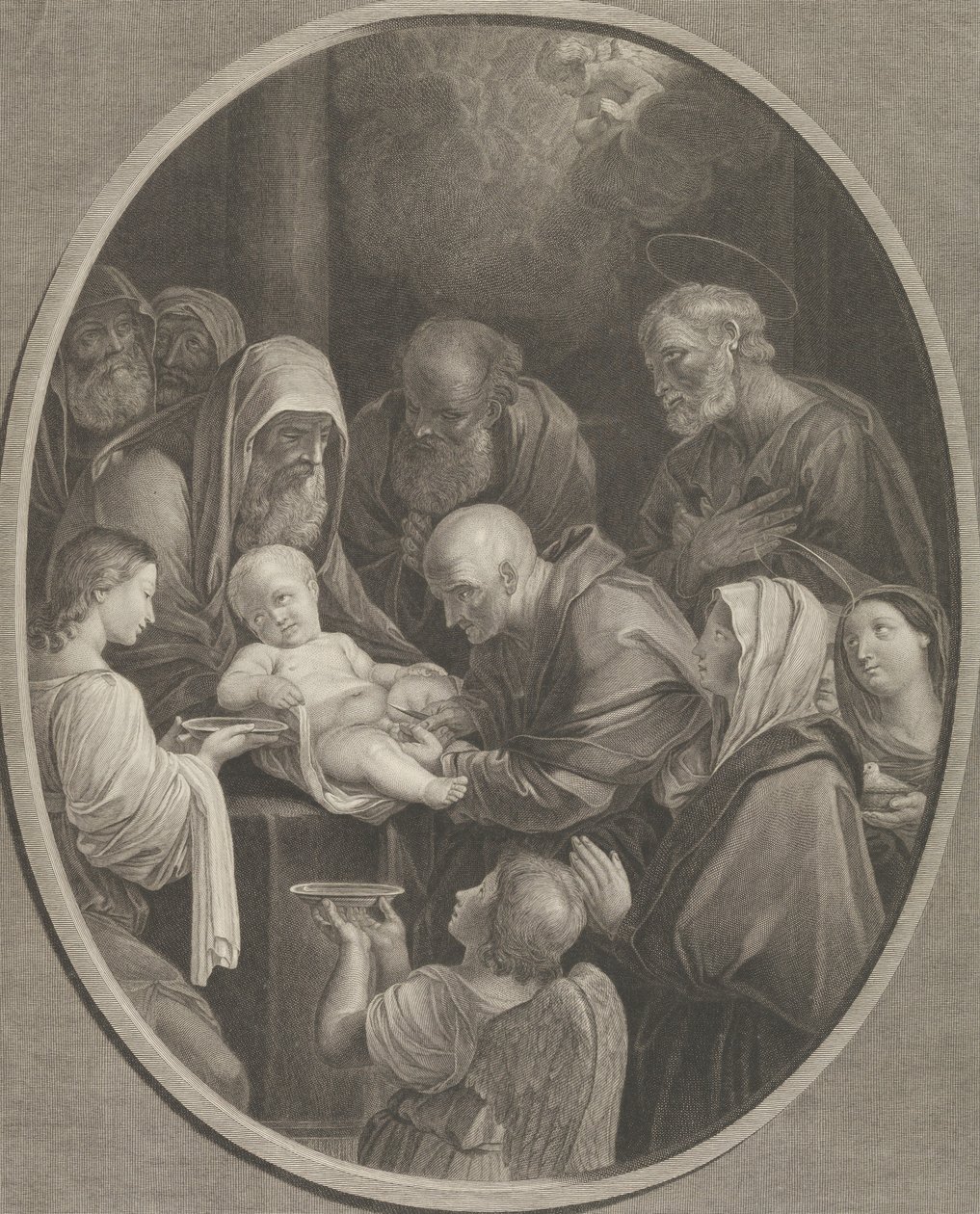 Kristi omskjæring, en gruppe menn og kvinner som omgir ham, en engel i forgrunnen..., 1765 av Richard Earlom