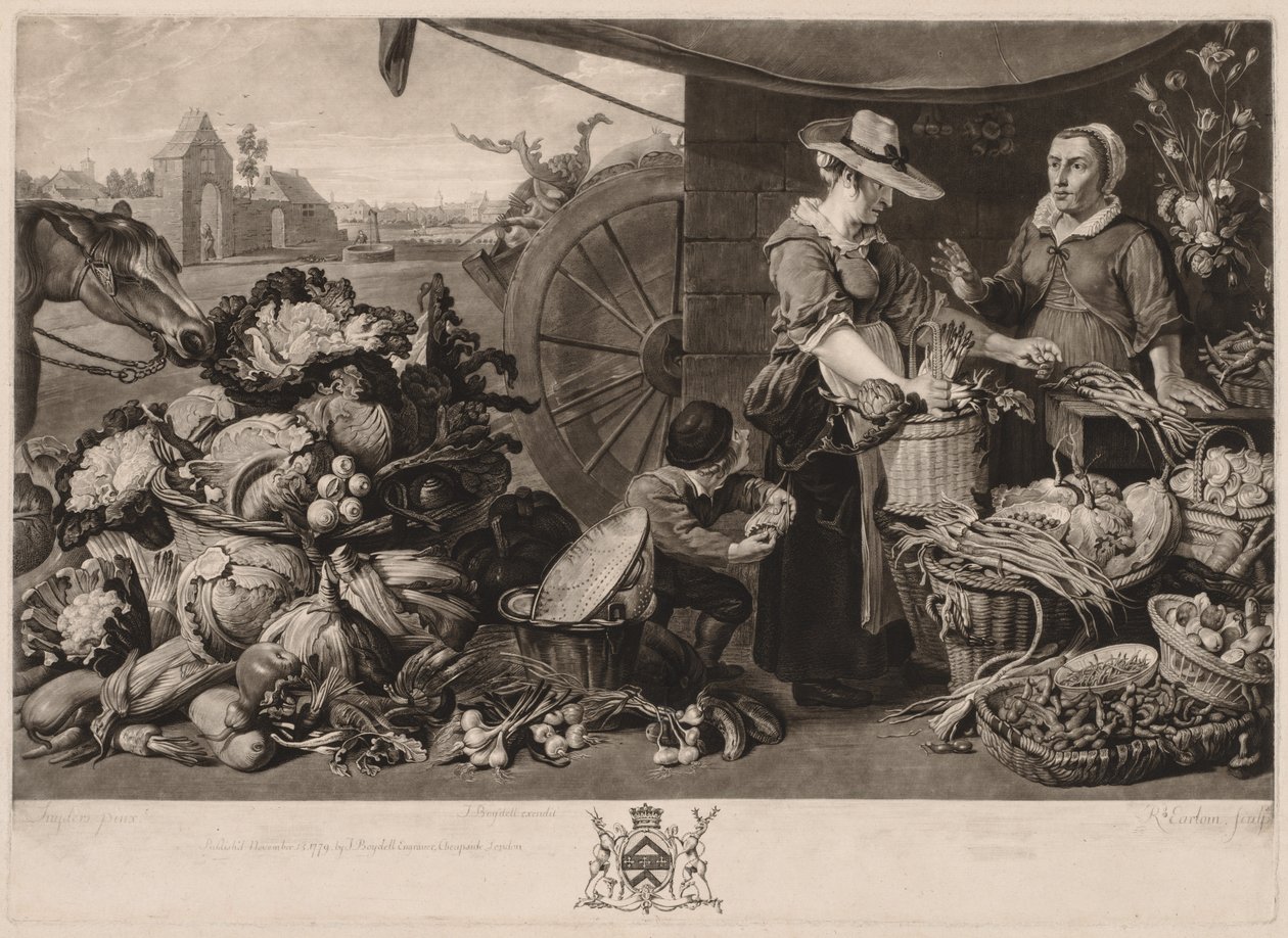 De fire markedene: Grønnsaksmarkedet, 1779. av Richard Earlom