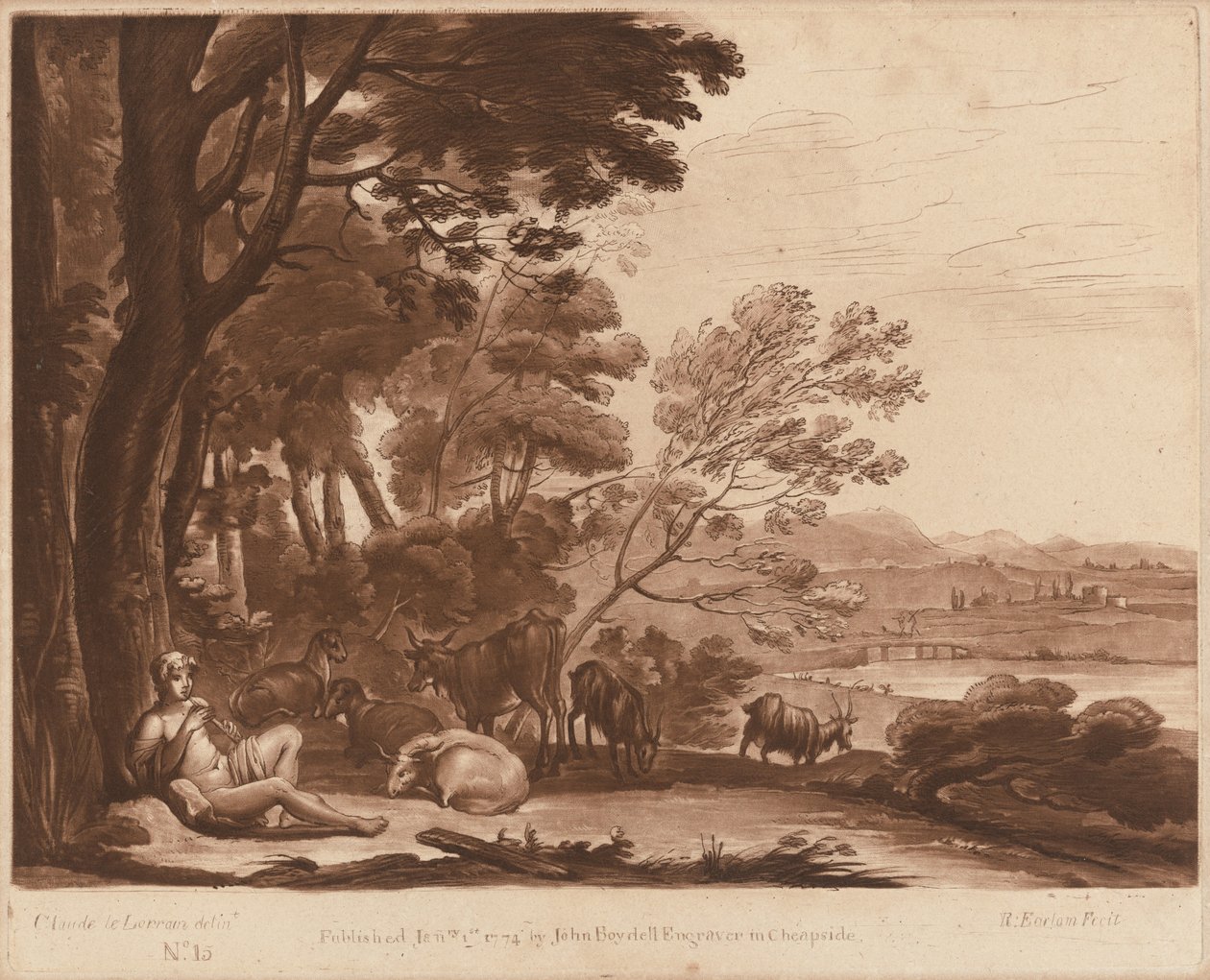 Landskapsnr. 15 fra "Sannhetens bok" av Richard Earlom after Claude Lorrain