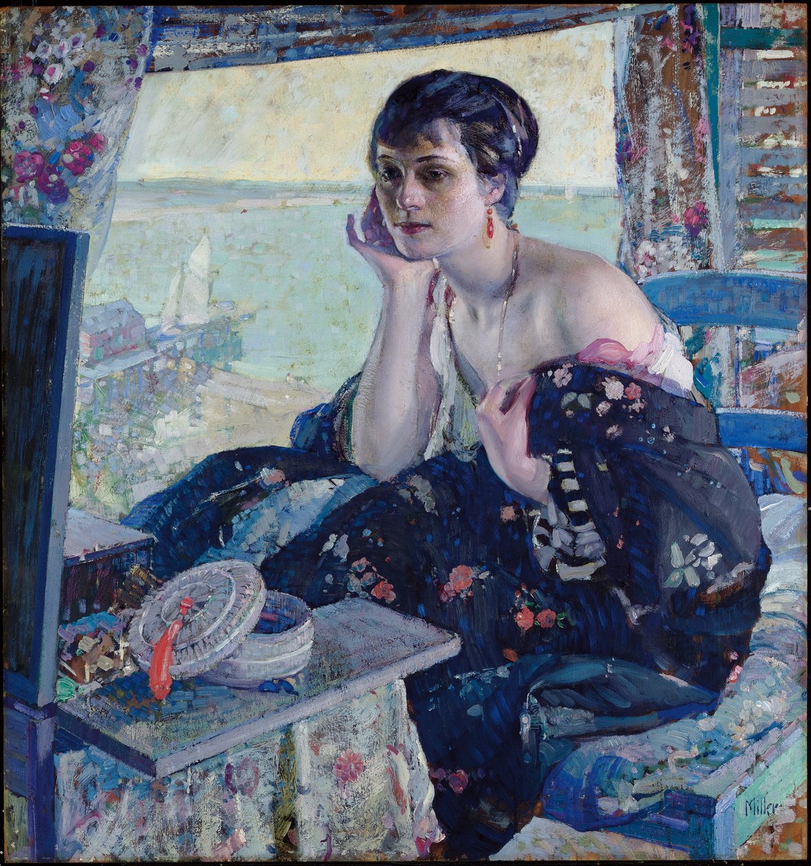 Kvinne ved et vindu (olje på panel) av Richard Emil Miller