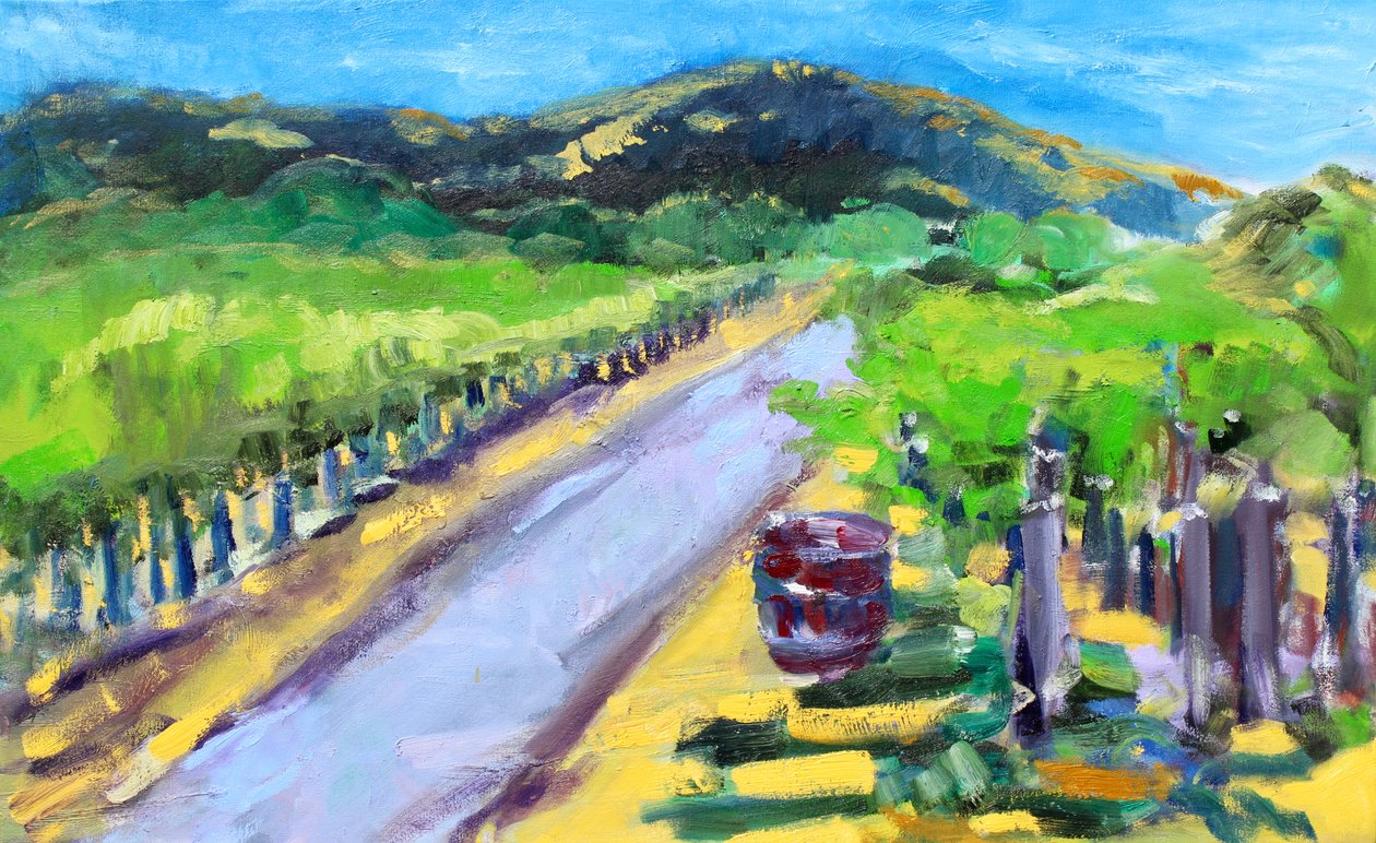 Vingård med fat, Napa, 2019 av Richard Fox