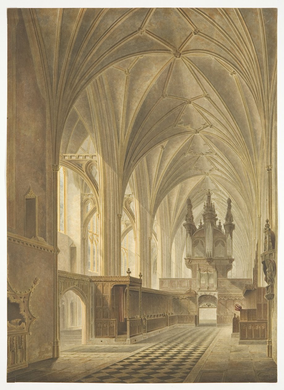 The Choir of Bristol Cathedral, Looking West (håndfarget akvatint) av Richard G. Reeve