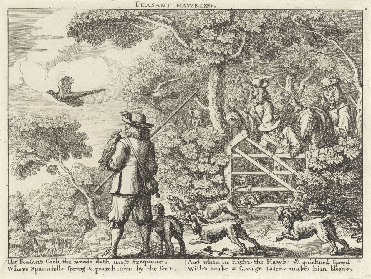 Valkenjacht op fazanten Feasant Hawking (tittel på objekt) Jachtpartijen (serietittel) Severall Wayes of Hunting, Hawking og Fishing, Ifølge den engelske måten (serietittel) av Richard Gaywood (possibly)