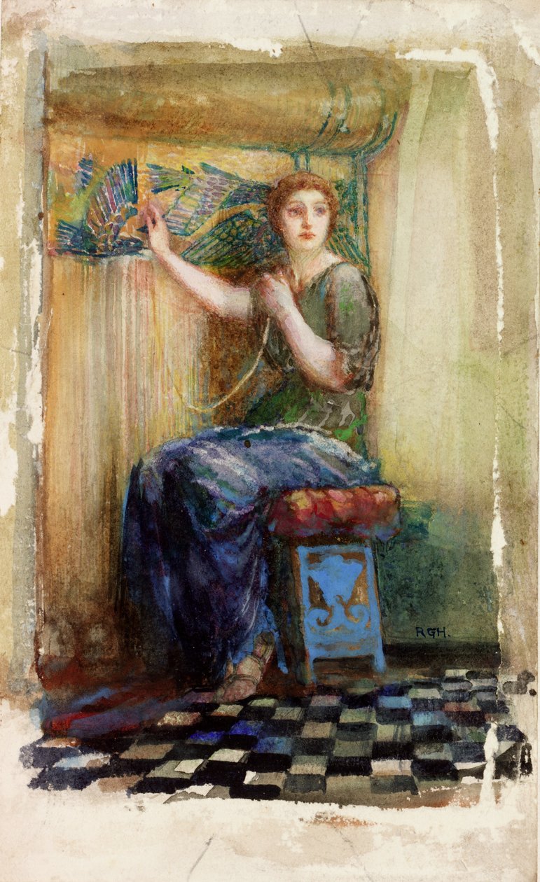 At the Loom akvarell på papir av Richard George Hatton