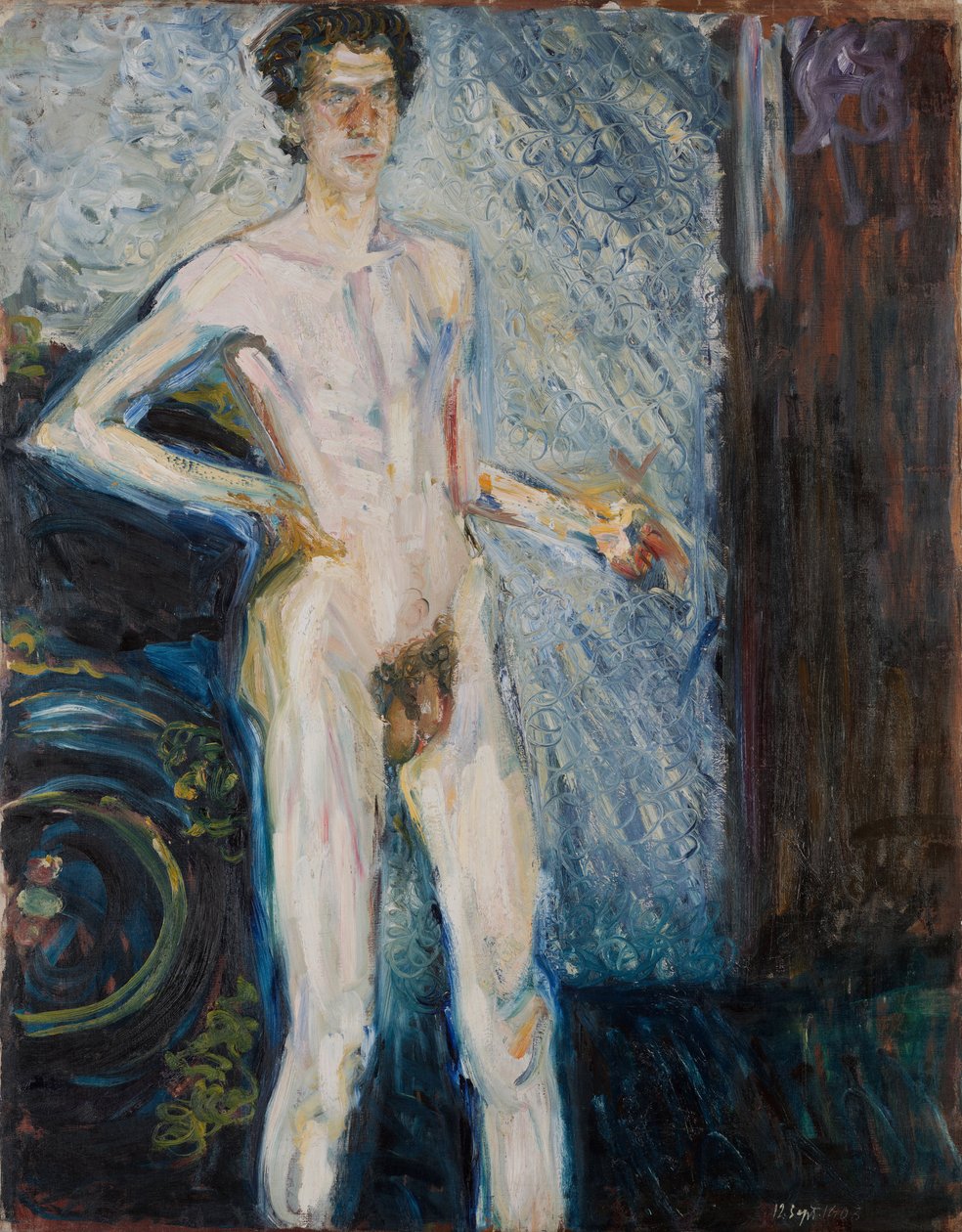 Naken selvportrett med palett - Gerstl, Richard (1883-1908) - 1908 - Olje på lerret - 139,3x100 - Leopold Museum, Wien av Richard Gerstl