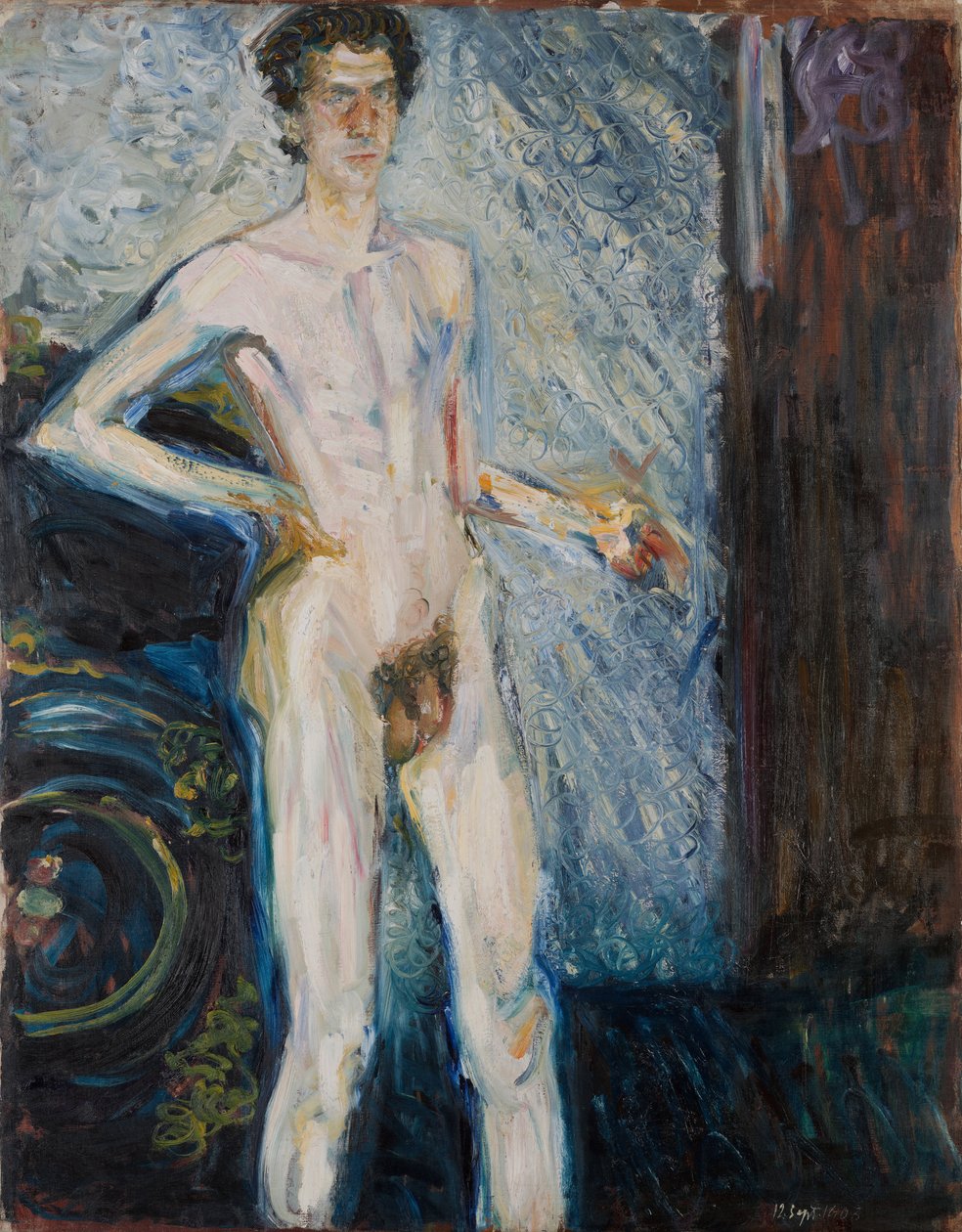 Naken selvportrett med palett, 1908 av Richard Gerstl
