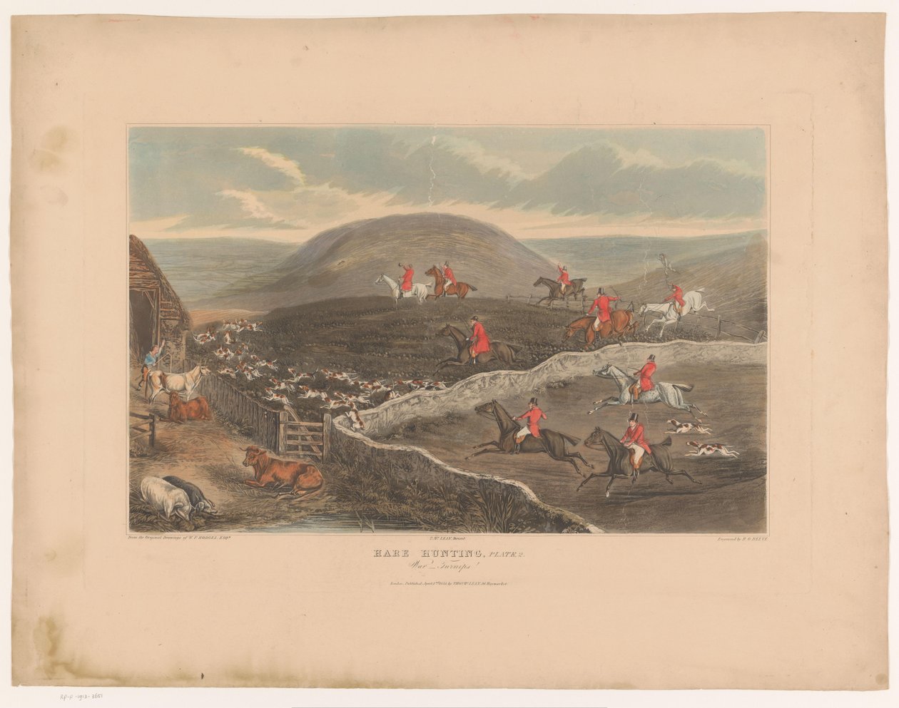 Landskap med hunder og jegere på hesteryggen som løper gjennom jorder Harejakt, Plate 2. Krigsneper! (tittel på objekt) av Richard Gilson Reeve