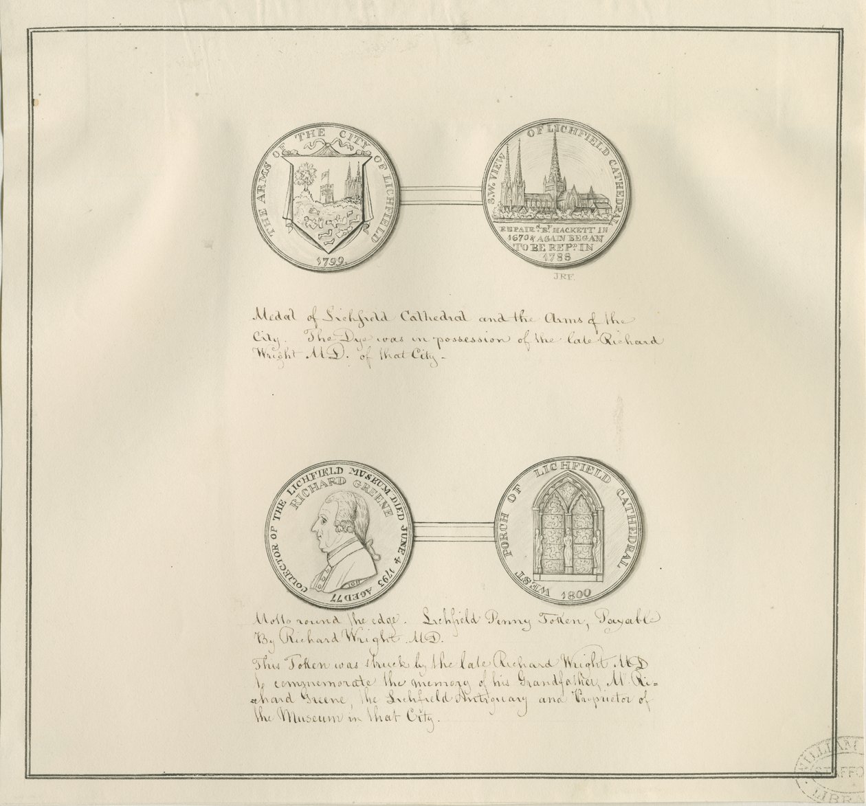 Lichfield - Medals of Lichfield Cathedral and the City Arms, og et portrett av Richard Greene: pennetegning, nd [tidlig på 1800-tallet] (tegning) av Richard Greene