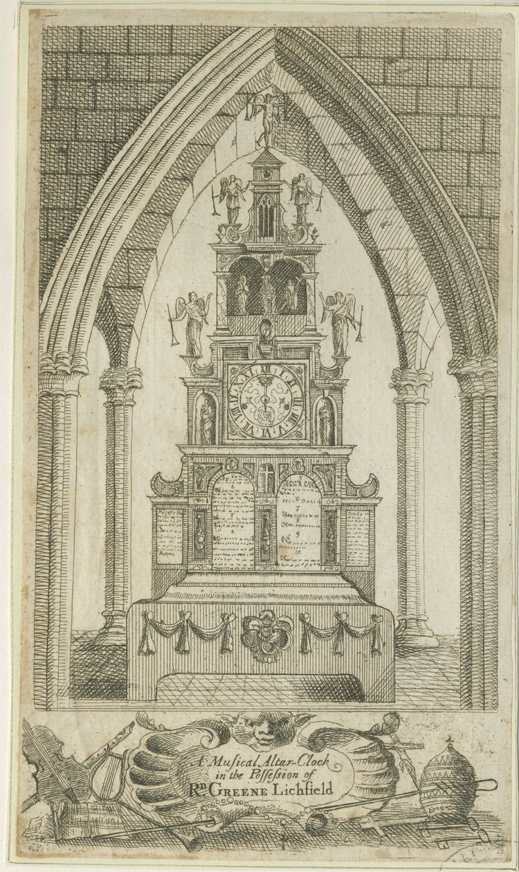 Lichfield - Musikalsk alterklokke: etsning og [?1700-tallet] (trykk) av Richard Greene