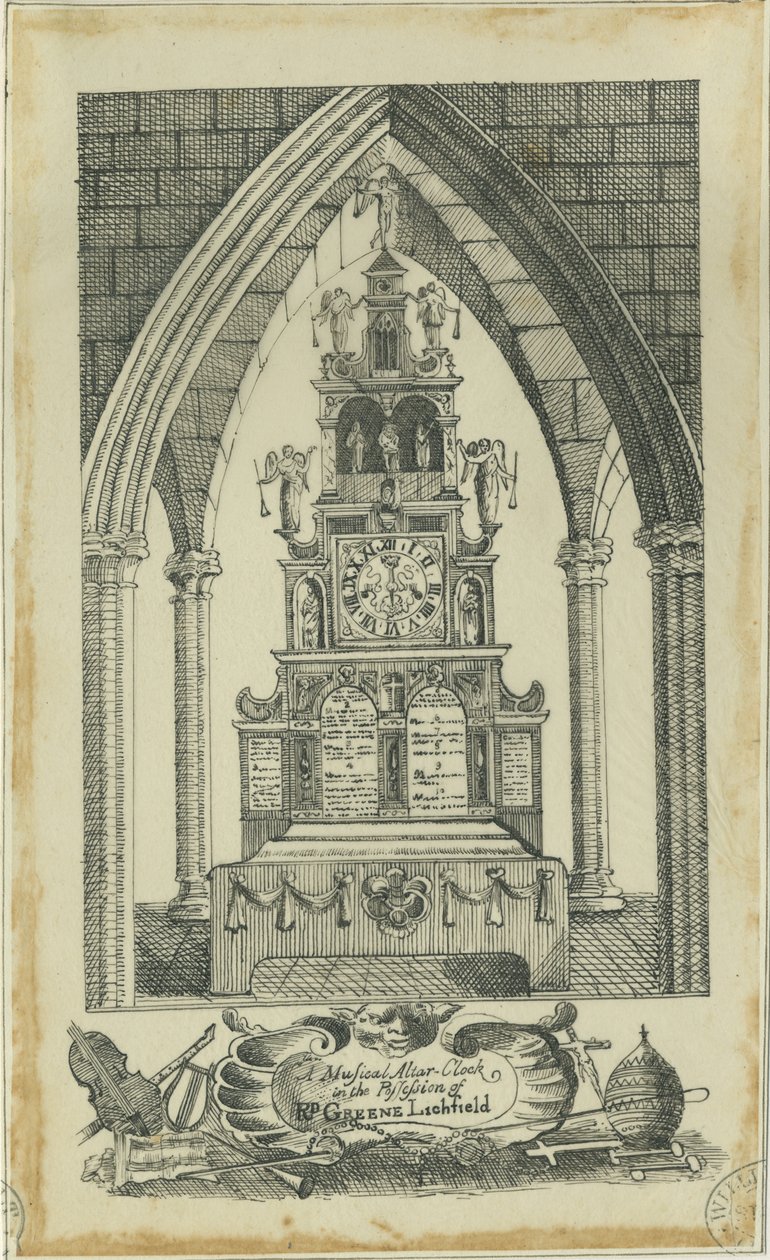 Lichfield - Musical Alter-Clock: sporing i blekk, nd [?18th cent] (tegning) av Richard Greene