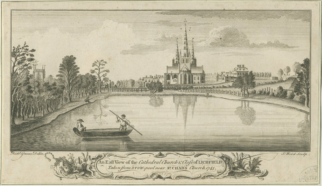 Lichfield Cathedral and Close - East View: kobberplategravering av Richard Greene