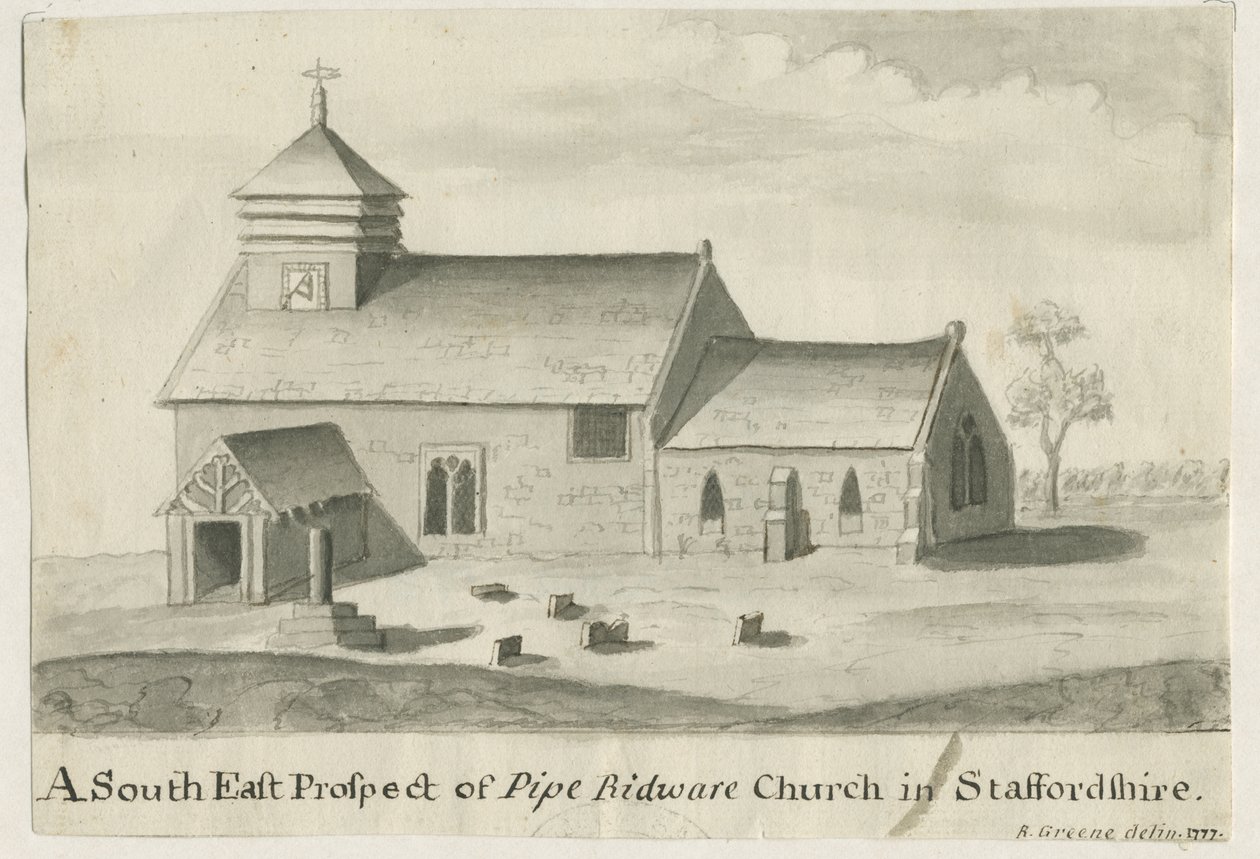 Pipe Ridware Church: sepia-maleri, 1777 av Richard Greene