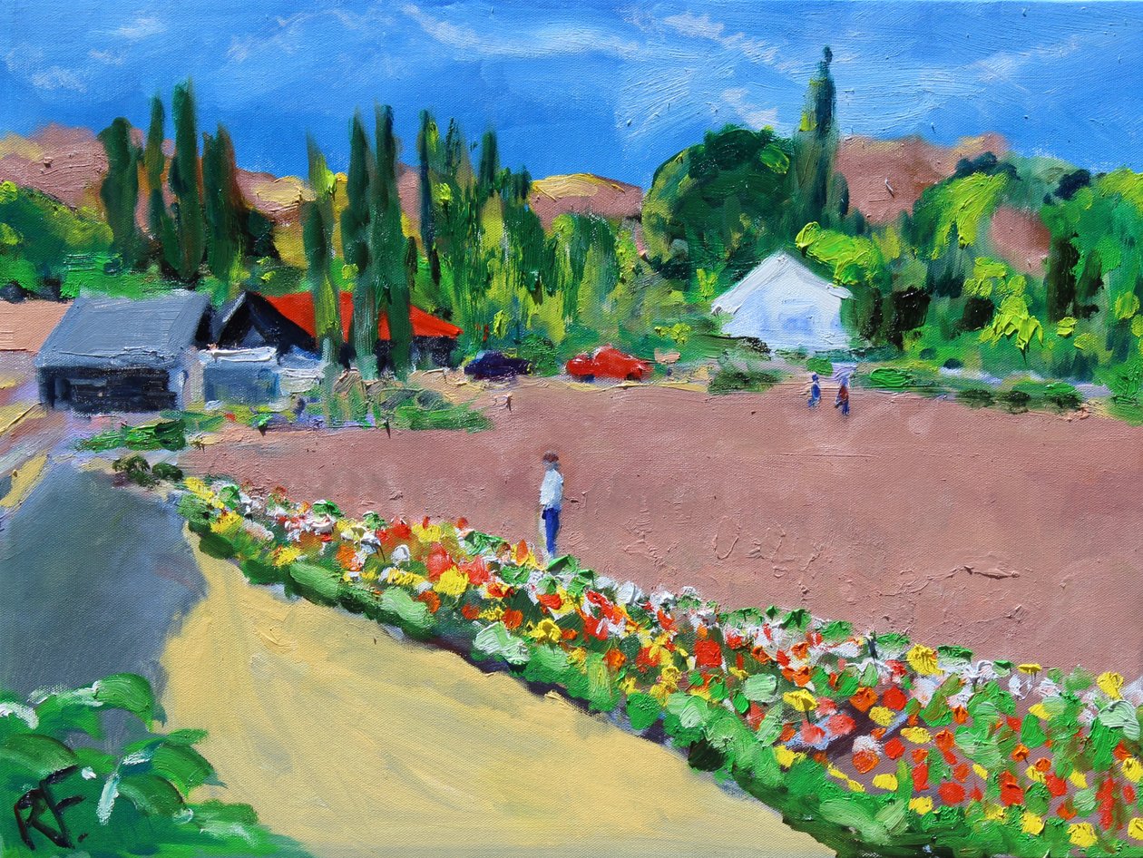 Admiring the Zinnias, 2021 (olje på lerret) av Richard H. Fox
