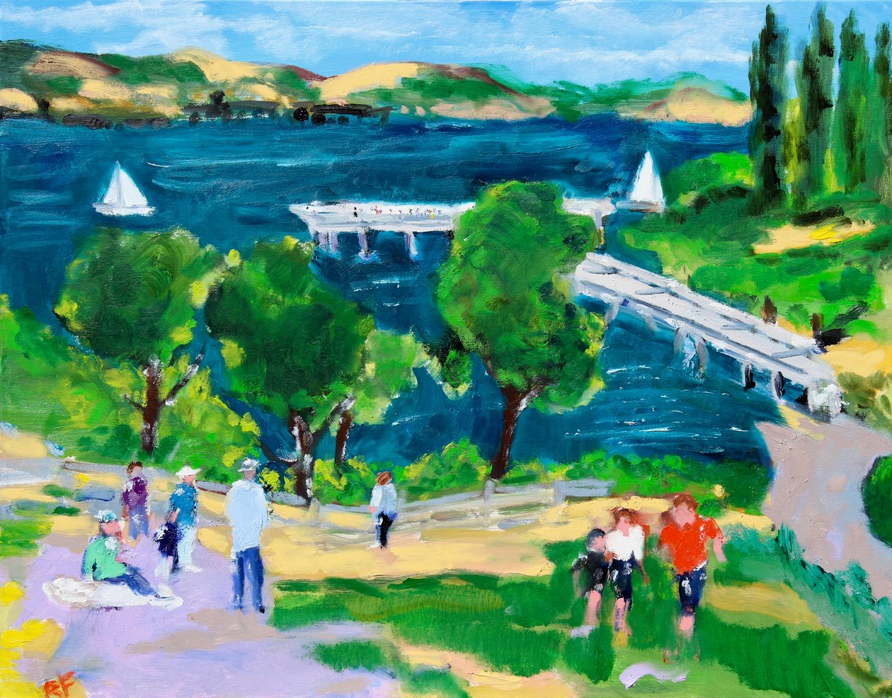 Paradise Beach Pier, Tiburon, California, 2021 (olje på lerret) av Richard H. Fox