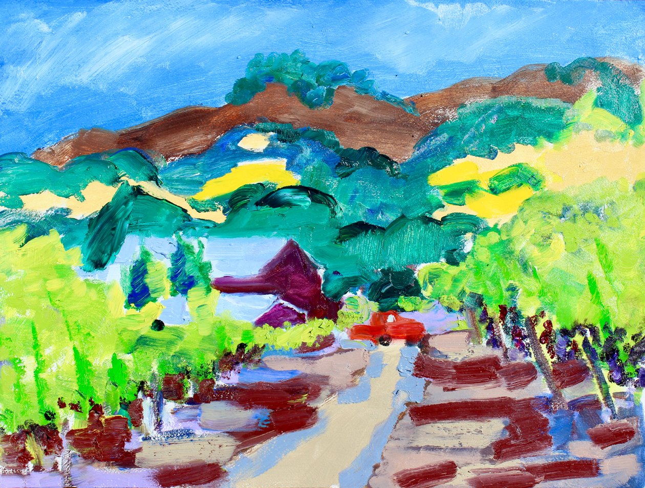 Red Truck in a Vineyard, California, 2021 (olje på lerret) av Richard H. Fox