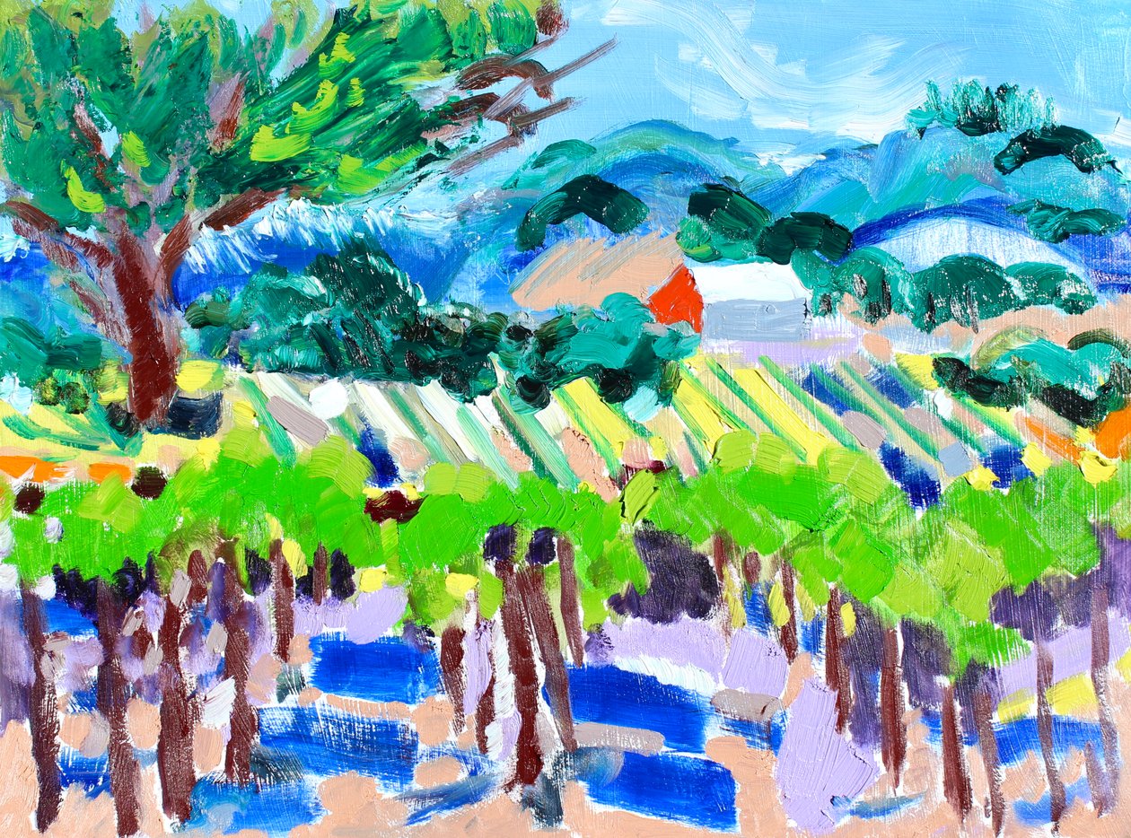 Vingård med Red Barn, 2021 (olje på papir) av Richard H. Fox