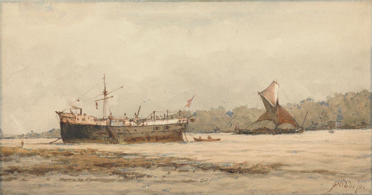 En fortøyd bark og lekter i en elv av Richard Henry Nibbs