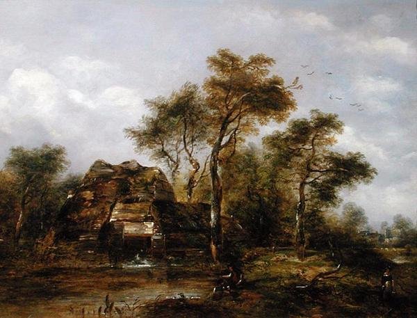 Overshot Mill with Man Fishing (olje på lerret) av Richard Hilder