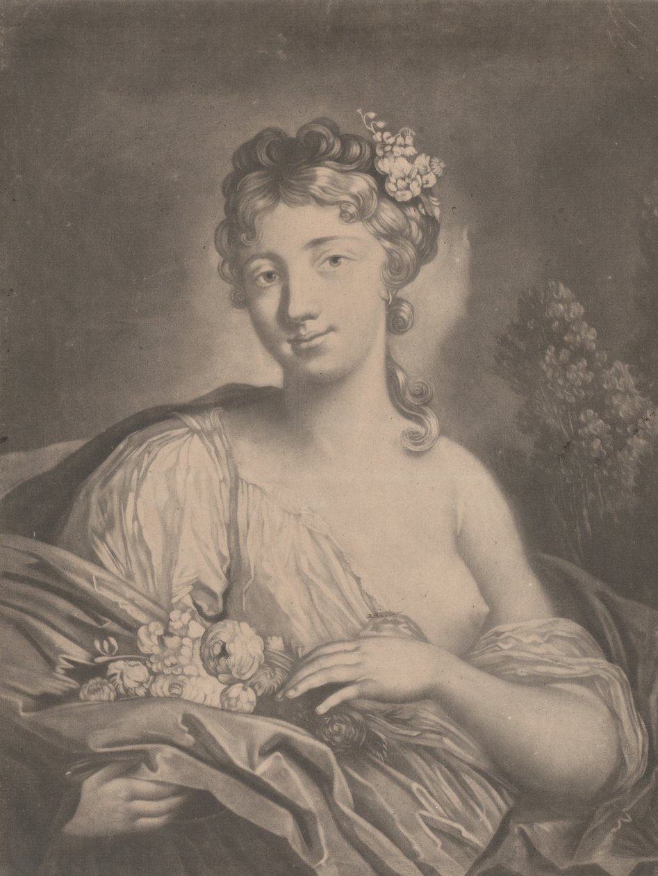 Vår: en ung kvinne som holder blomster i kappen sin, 1775. av Richard Houston