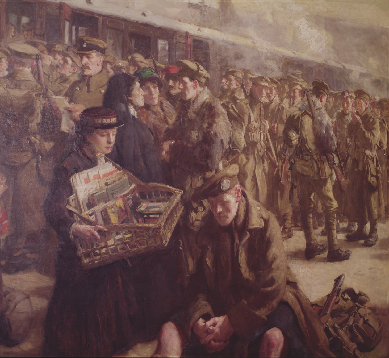 Tilbake til fronten: Victoria jernbanestasjon 1917 (olje på lerret) (detalj av 237394) av Richard Jack