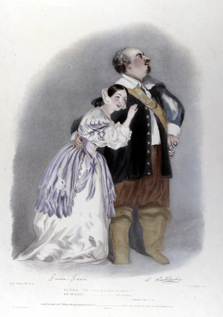 Giulia Grisi og Luigi Lablache i 3. akt av The Puritans av Vincenzo Bellini. Litografi av R. J. Lane. 1835 av Richard James Lane