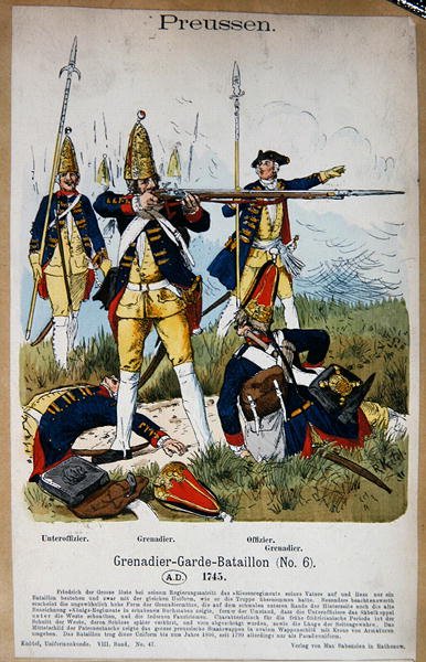 Preussiske grenadervakter og offiserer i 1745, ca. 1890 (farge litho) av Richard Knoetel