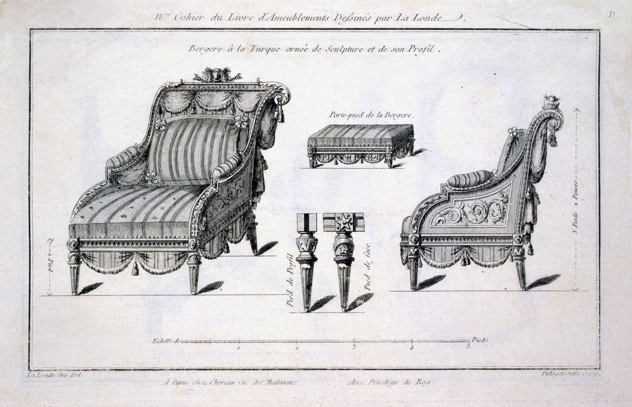 Bergere lenestol i tyrkisk stil, fra Oeuvres divers de Lalonde, dekoratør og designer, utgitt 1780-96 av Richard Lalonde