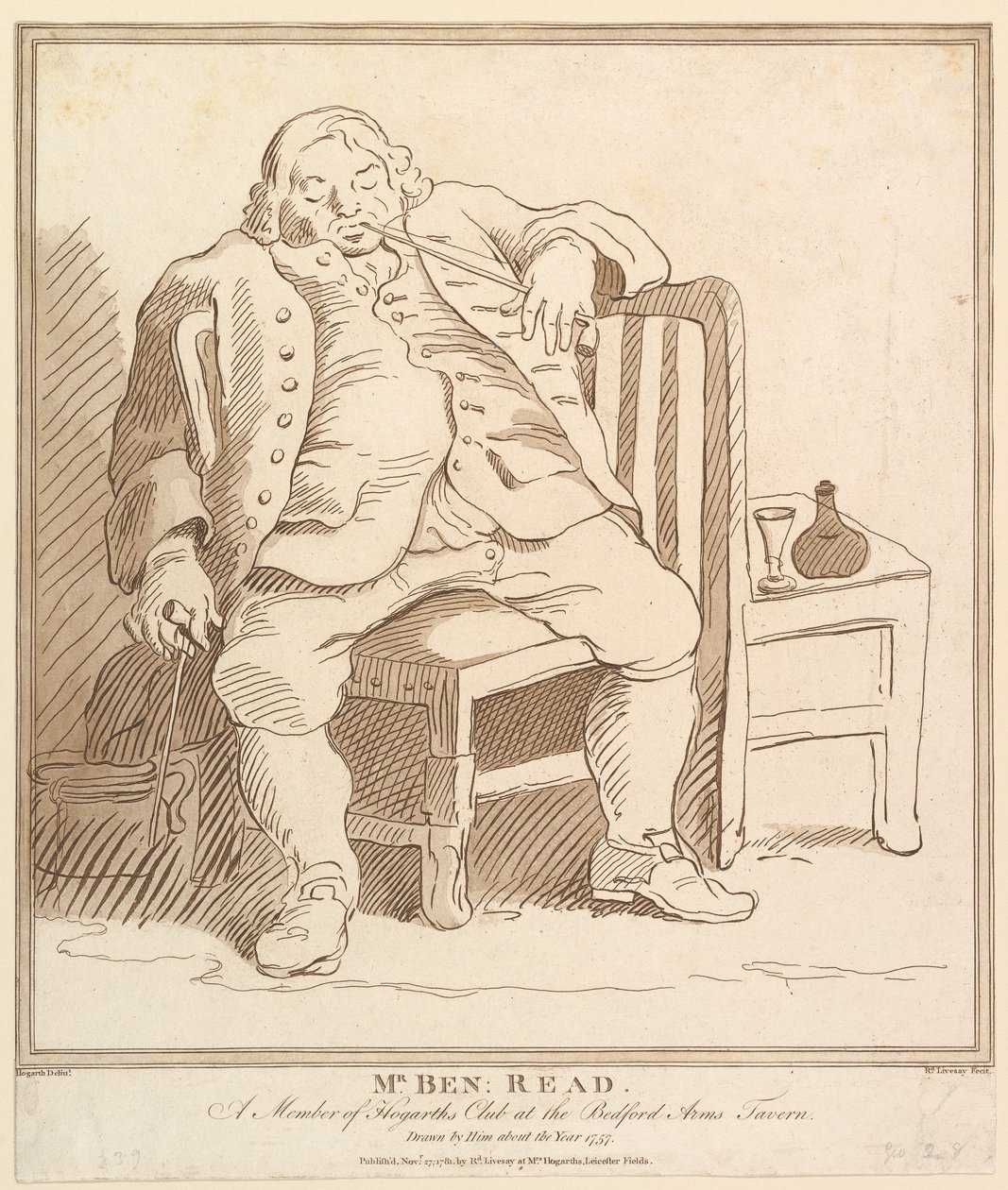 Mr. Ben: Read, A Member of Hogarths Club at Bedford Arms Tavern, Drawn b..., 27. november 1781. av Richard Livesay