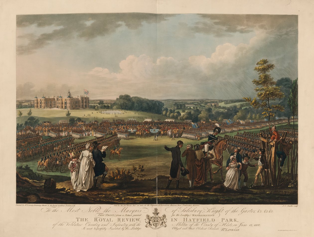 The Royal Review in Hatfield Park of the Volunteer Cavalry and Infantry, with the Militia of County of Herts, den 13. juni 1800, gravert av Joseph C. Stadler (fl.1780-1812) av Richard Livesay