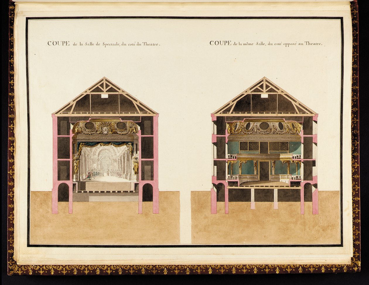 Del av forestillingssalen på siden av teatret & Del av samme sal på siden overfor teatret, fra Compendium of Plans of the Petit Trianon av Richard Mique av Richard Mique