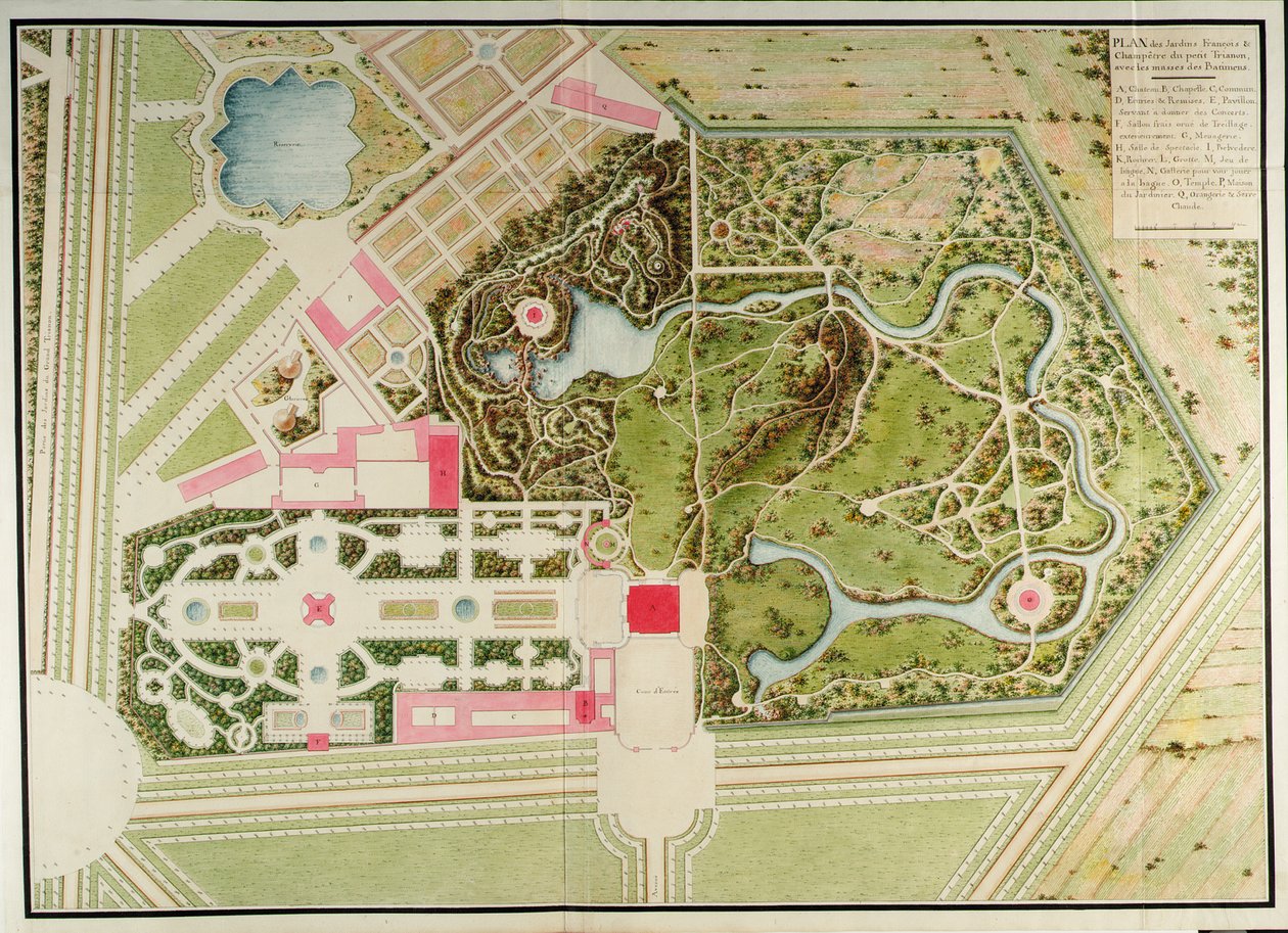 Plan over de franske og landlige hagene til Petit-Trianon med massene av bygningen, fra Recueil des plans du Petit Trianon av Richard Mique av Richard Mique