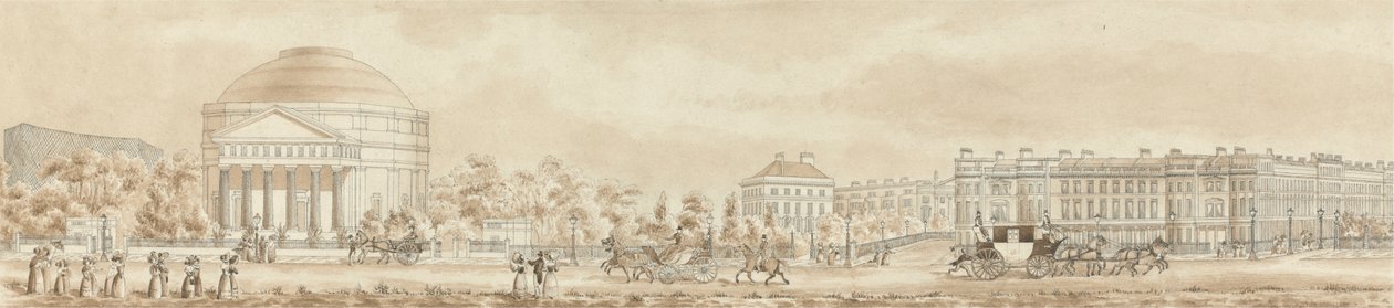 Regent's Park, London, Colosseum, Clergy's Orphans' School og St. Andrew's Place, med figurer og trenere av Richard Morris