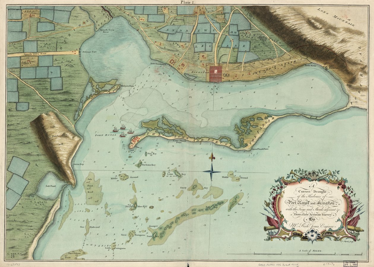 Et korrekt utkast til havnene i Port Royal og Kingston, med nøklene og stimene ved siden av osv. fra en sen nøyaktig undersøkelse, av Mr. Richd Jones, ingeniør. av Richard; Mynde Jones