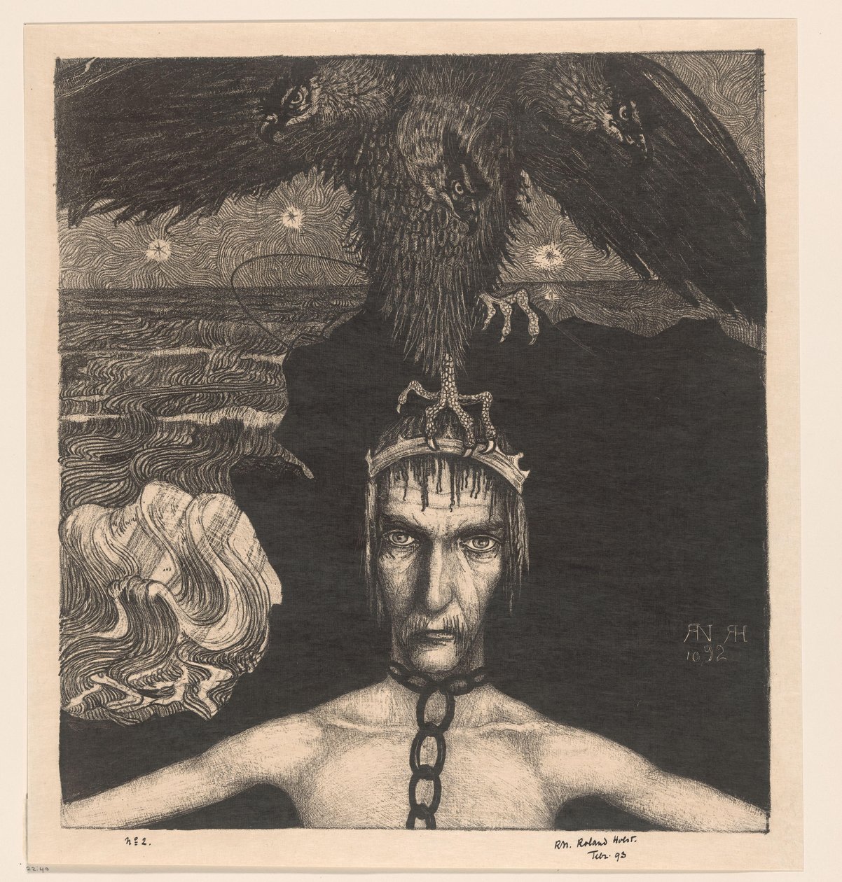Lenket mann med trehodet rovfugl på hodet Anangke (Destiny) (original tittel) av Richard Nicolaüs Roland Holst (signed by artist)