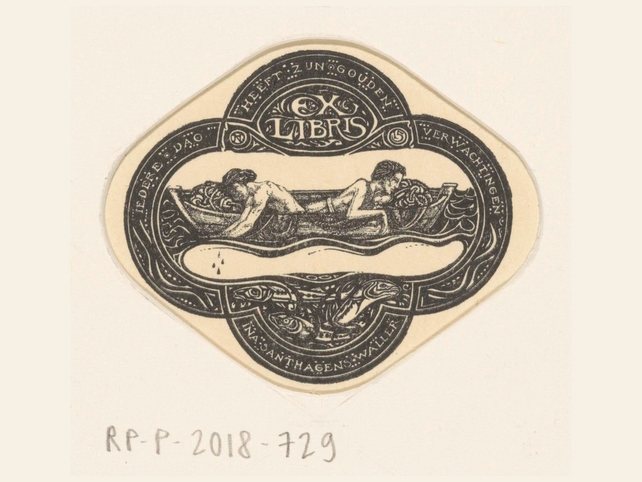 Ex libris av Ina van Eibergen Santahagens-Waller Hver dag har sine gylne forventninger (tittel på objekt) av Richard Nicolaüs Roland Holst