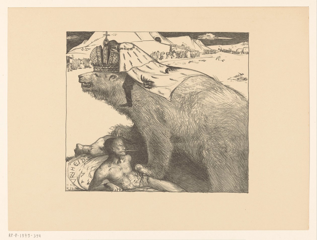 Tsar Nicholas II av Russland på den russiske bjørnen Den russiske bjørnen brøler fred (original tittel) av Richard Nicolaüs Roland Holst
