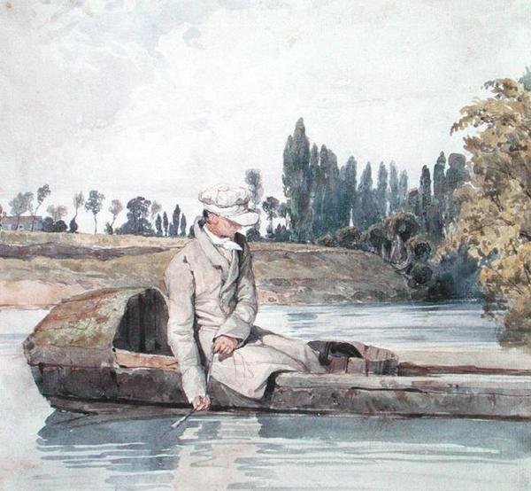 En mann som fisker fra en båt på en elv (akvarell på papir) av Richard Parkes Bonington