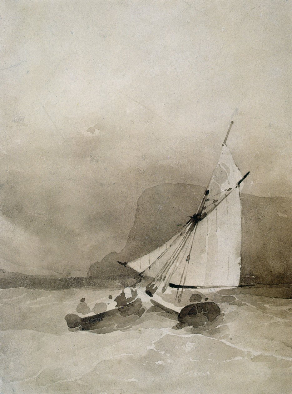 Et seilfartøy og en robåt i grov sjø utenfor Beachy Head, Sussex av Richard Parkes Bonington